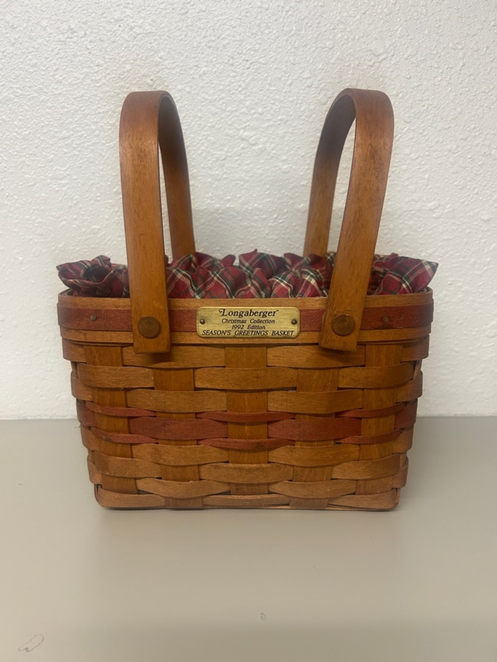 Longaberger Brown Basket with Red and Green Plaid Liner